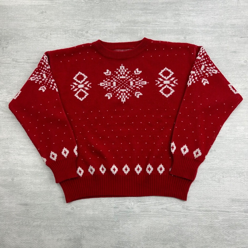 Vintage 90s Geometric Sweater‎ Size Large Red White Grandpa Pullover